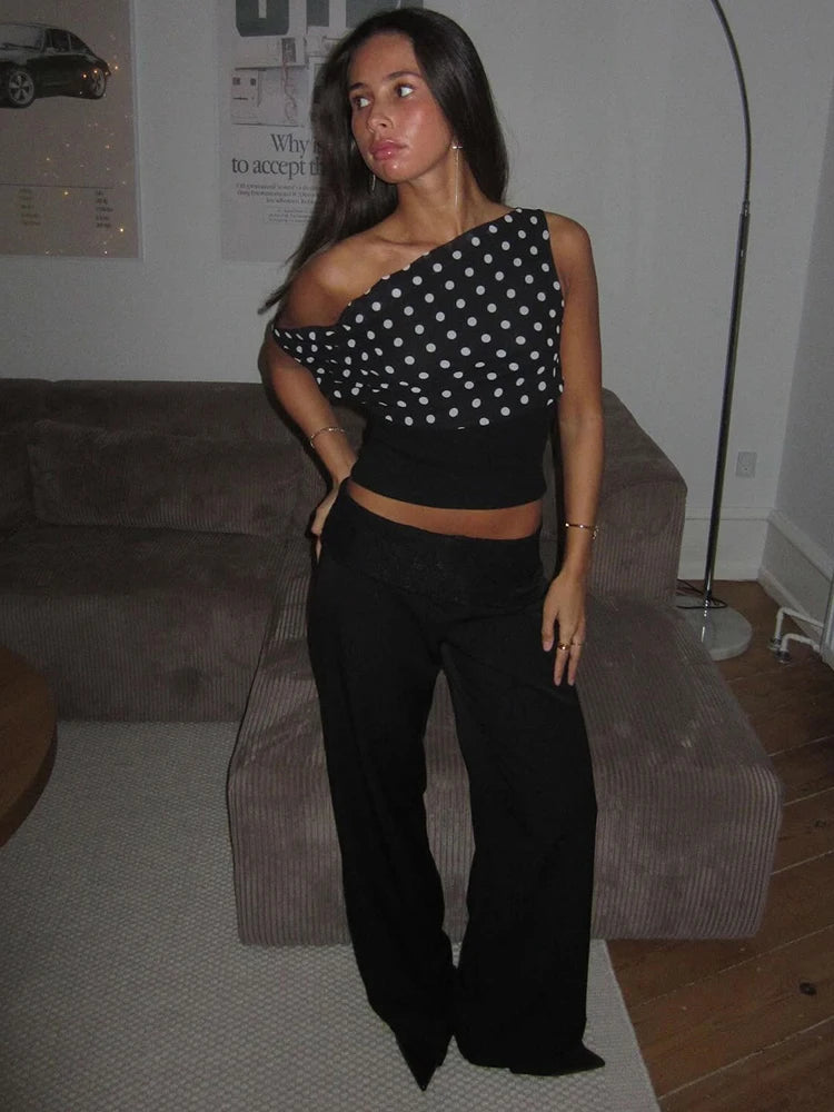 Polka Dot One-Shoulder Sleeveless Crop Tank